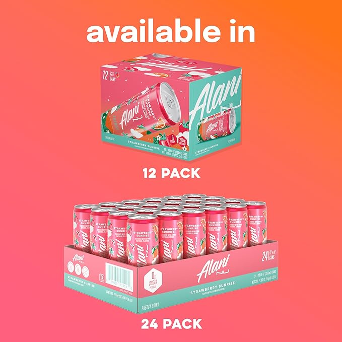 Alani Nu STRAWBERRY SUNRISE Sugar Free Low Calorie Energy Drinks 200mg Caffeine Biotin B Vitamins Zero Sugar 10 Calories 12 Fl Oz Cans 24 Pack