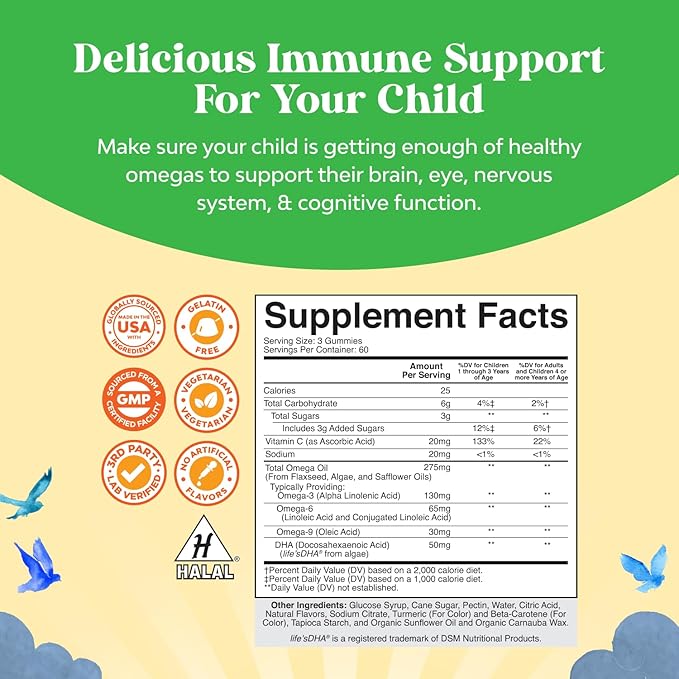 Bundle of Omega DHA Gummies for Kids - Fatty Acids Omega 3 6 9 with Vitamin C for Brain Immunity &amp Vision and Sambucus Elderberry Gummies for Kids Health with Zinc &amp Vitamin C for Immune Supp