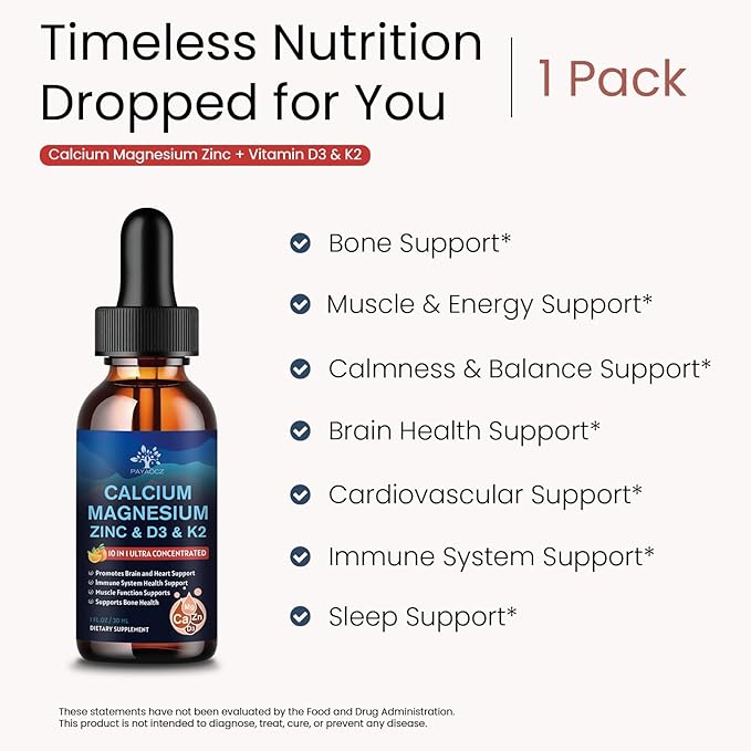 (2 Pack) 10 in 1 Magnesium Calcium Zinc Supplement with Vitamin C D3 K2 Glycinate Mag Vegan Liquid Drops Plus L-Theanine Boron Sea Moss Extract Bone &amp Immune Support Orange Flavor 1 Fl Oz