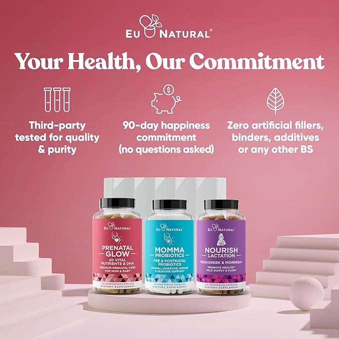 Eu Natural Glow Prenatal Vitamins for Women - 20-in-1 Prenatal Multivitamin with Folate &amp Vegan DHA - Supports Healthy Pregnancy Fetal Development &amp Mom’s Comfort - 120 Vegetarian Capsules