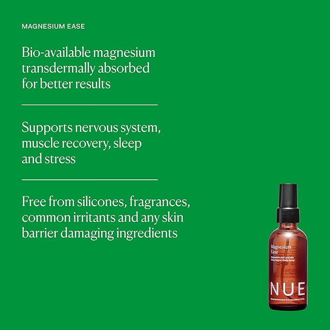 The Nue Co Magnesium Ease Skin Spray for Muscle Pain &amp Tension Relief with Lavender &amp Arnica Oil High Absorption Sports Recovery &amp Sleep Vegan Paraben-Free Non-Toxic 60ml