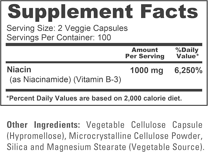 NusaPure Niacinamide 1000mg 200 Veggie Capsules (Non-GMO Vegan) Flush Free