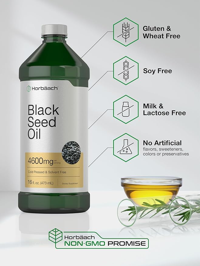 Horbäach Black Seed Oil Liquid | 16oz | 4600mg | Cold Pressed Nigella Sativa Supplement | with Omega 6 &amp 9 | Vegetarian Non-GMO Gluten Free and Solvent Free Formula