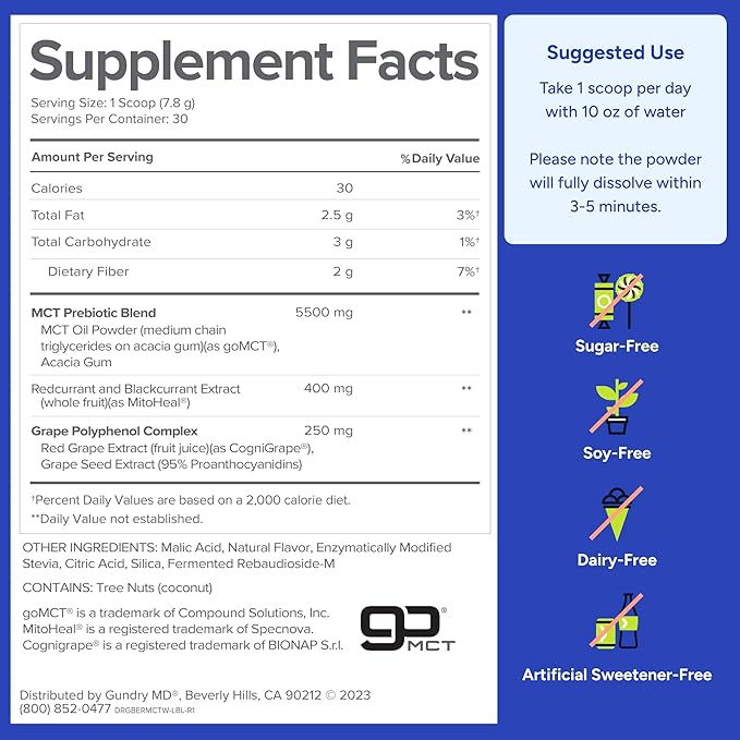 Gundry MD MCT Wellness Powder to Support Energy Ketone Production and Brain Health Keto Friendly Sugar Free (30 Day Supply Blueberry Lemonade)