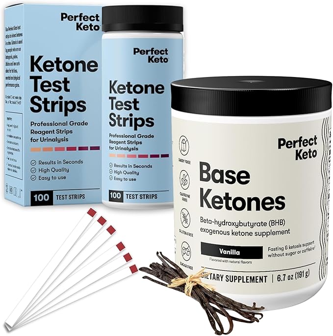 Perfect Keto Ketone Bundle — Exogenous Ketones Powder (Vanilla 6.7 oz) + 100 ct Urine Ketone Test Strips — Keto Support &amp Monitoring Kit for Low Carb/Ketogenic Diets