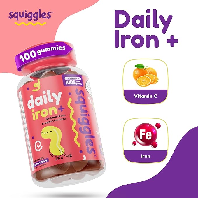 Squiggles Kids Daily Iron+ Gummies - Chewable Supplement with Iron Multivitamin for Children Low Sugar Vegan Toddler Gummies Yummy Grape Flavor (100 Count)