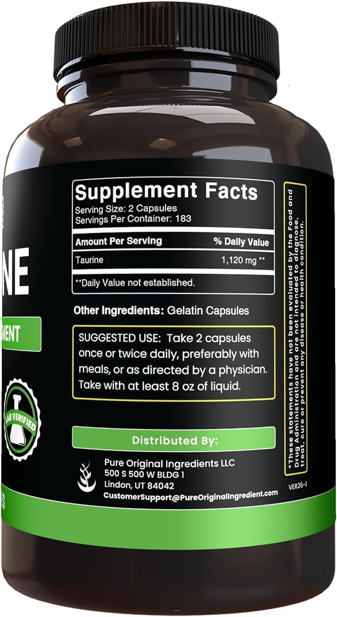 Pure Original Ingredients Taurine (365 Capsules) No Magnesium Or Rice Fillers Always Pure Lab Verified