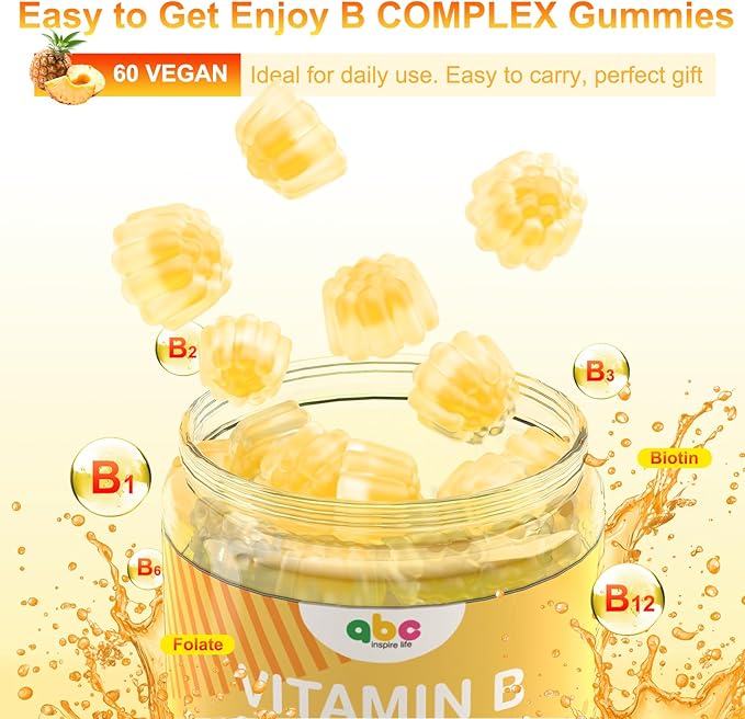 Vitamin B Complex Gummies for Adult Kid-Pineapple Flavor-Chewable Supplement with 8 Essential B Vitamins (B1 B2 B3 B5 B6 B7 B9 B12) Non GMOVegan 60 Count
