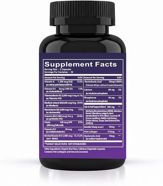Biotin 5000 mcg Capsules with Collagen &amp Keratin B-Complex Vitamins B1 B2 B3 B5 B6 B12 Hair Skin Nail Support Formula 60 Capsules