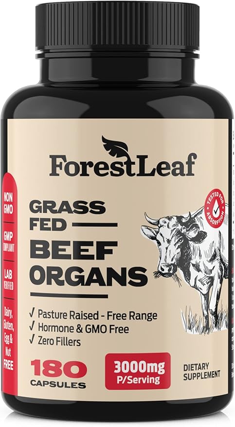 ForestLeaf Beef Organ Supplement - Grass Fed &amp Pasture Raised - Total Body Wellness &amp Performance Organ Complex with 3000mg of Desiccated Beef Liver Heart Kidney Pancreas Spleen (180 Caps