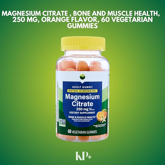 KP+ Magnesium Gummies | Magnesium Citrate 250 mg | 60 Vegetarian Gummies | Extra Strength | Supports Bone Nerve &amp Muscle Health | Orange Vanilla Flavor | Pack of 1