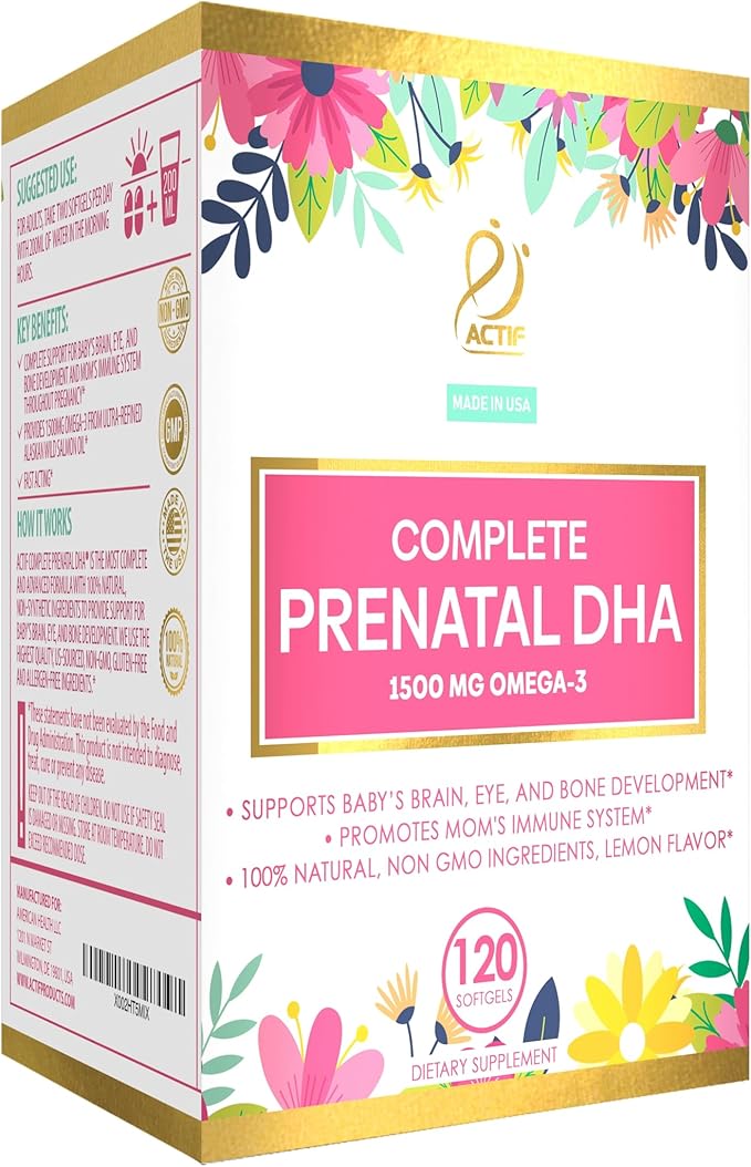 Actif Complete Prenatal DHA with 1500mg Omega-3 100% Natural Organic DHA EPA Omega 3 - Non-GMO 90 Gummies