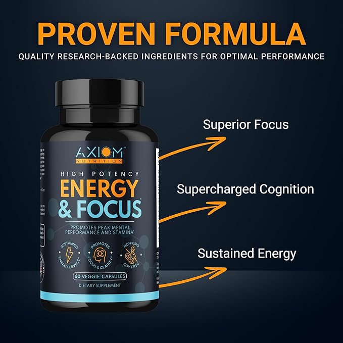 Energy and Focus - Extra Strength 200mg Caffeine and Lions Mane Mushroom Supplement 60 Capsules - with Alpha GPC L-Theanine L-Tyrosine to Support Brain Function and Concentration