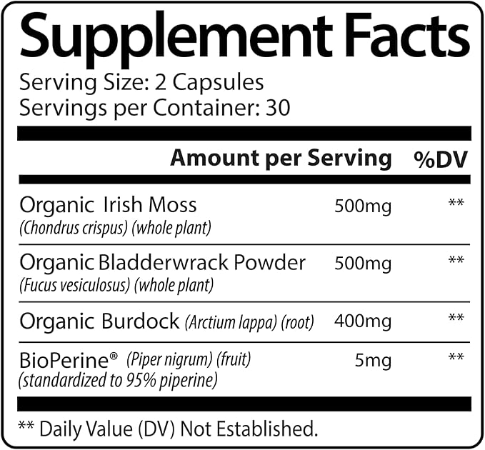 Alex Jones Ultimate Seamoss Capsules – Vegan Non-GMO Seaweed Supplement w/Bladderwrack &amp Burdock Root – Immune Boost Energy Support Sea Moss Supplements for Men &amp Women - 60 Nutrition Suppor