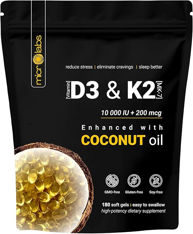 microlabs™ Extra Strength D3 K2 Vitamin 10000 IU Softgels with Coconut Oil – Vitamin d3 k2 Combined Supplement for Bone Immune &amp Heart Support – 180 Softgels