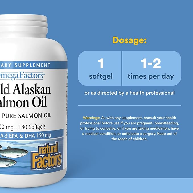 Natural Factors Wild Alaskan Salmon Oil Provides Omega-3 EPA DHA &amp Vitamin D Supports Brain &amp Heart Health 180 Softgels