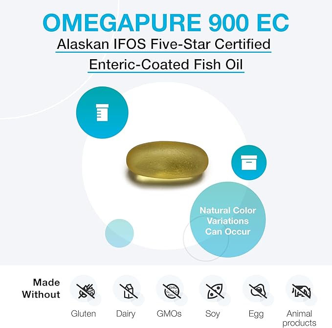 XYMOGEN OmegaPure 900 EC - Cardiovascular &amp Brain Support - IFOS Five-Star Certified Fish Oil - DHA EPA Omega-3 Supplement - Triglyceride Form - 120 Softgels