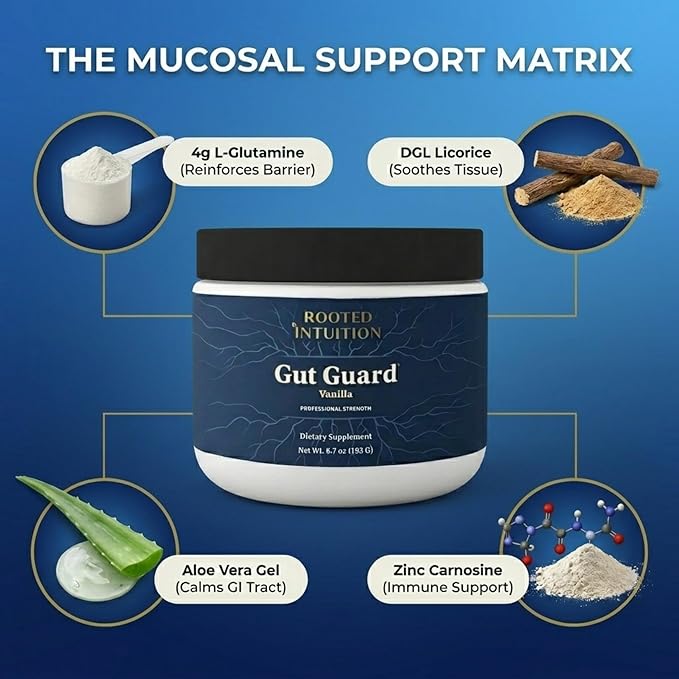 Rooted L-Glutamine Powder for Digestive Health - Leaky Gut Repair Support Digestive Wellness Formula -Stomach &amp Intestinal Balance Amino Acid Supplement for Stomach Comfort Vanilla Gut Guard 6.
