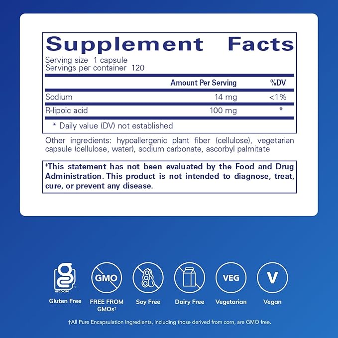 Pure Encapsulations R-Lipoic Acid (Stabilized) | Hypoallergenic Supplement with Enhanced Antioxidant Protection and Metabolic Support | 120 Capsules