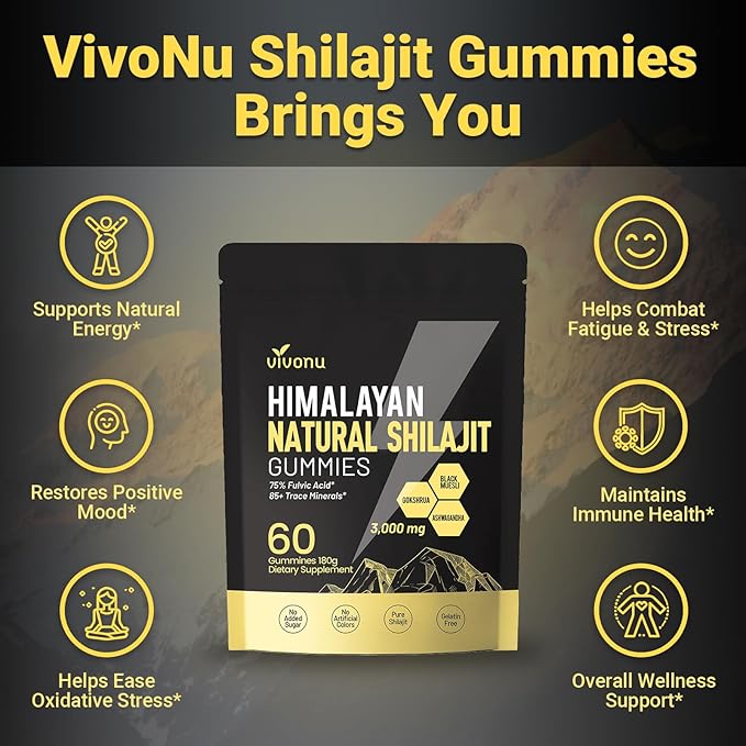 Shilajit Gummies with Ashwagandha | 85+ Minerals &amp Fulvic Acid | Organic Energy &amp Stamina Supplement | All-in-One Support for Strength Mood* &amp Metabolism*