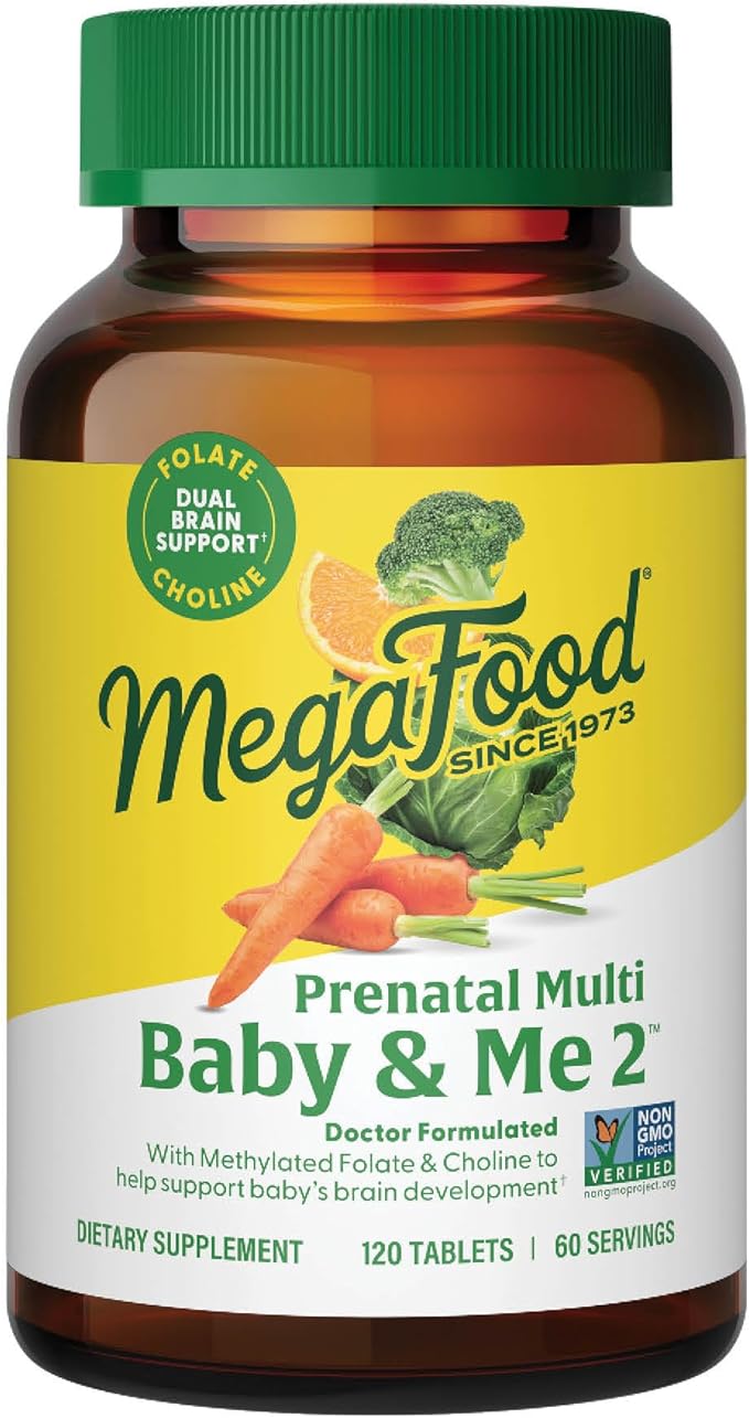MegaFood Baby &amp Me 2 Prenatal Vitamin and Minerals - Vitamins for Women - with Folate (Folic Acid Natural Form) Choline Iron Iodine and Vitamin C Vitamin D and more - 120 Tabs (60 Servings)