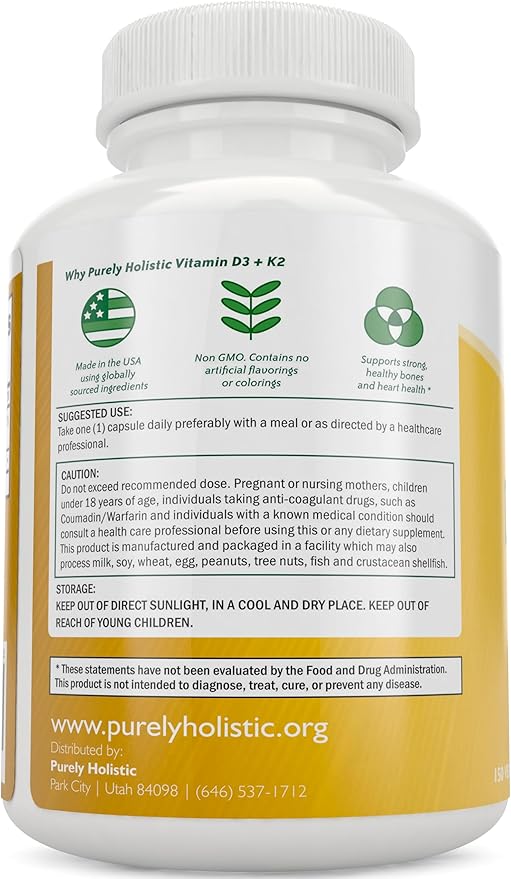 Purely Holistic Vitamin D3 125mcg and Vitamin K2 90mcg MK7-4 Month Supply 150 Vegetarian Capsules - Vitamin D3 &amp K2 Menaqunione - High Strength Cholecalciferol Made in The USA