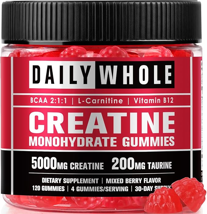 Creatine Monohydrate Gummies – Plant-Based Chewable Supplement with Taurine L-Carnitine and Vitamin B12 – 120 Count (4 Gummies Per Day) Mixed Berry Flavor for Women and Men