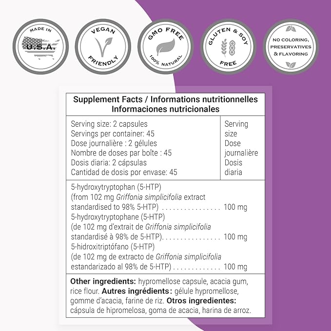 Supersmart - 5-HTP 100mg Per Day - Natural Energy Pills | Non-GMO &amp Gluten Free - 90 Vegetarian Capsules
