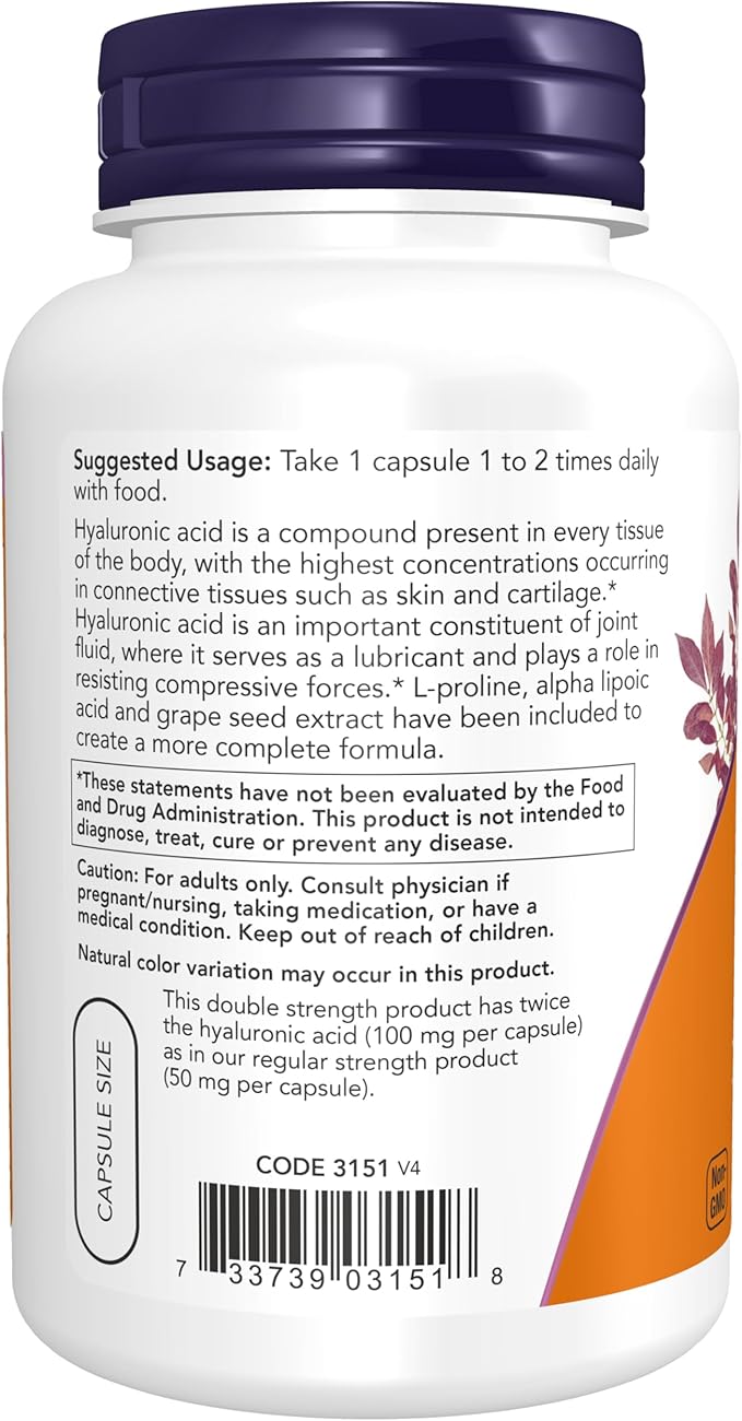 NOW Foods Supplements Hyaluronic Acid 100 mg Double Strength with L-Proline Alpha Lipoic Acid and Grape Seed Extract 120 Veg Capsules