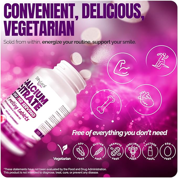 Shiny Leaf Calcium Citrate 600mg with Vitamin D3 &amp Magnesium - Fast Melting Bariatric Calcium for Post Surgery - Smooth Dissolving Non-Chalky Alternative to Chewable Chews - Cherry 120 Ct