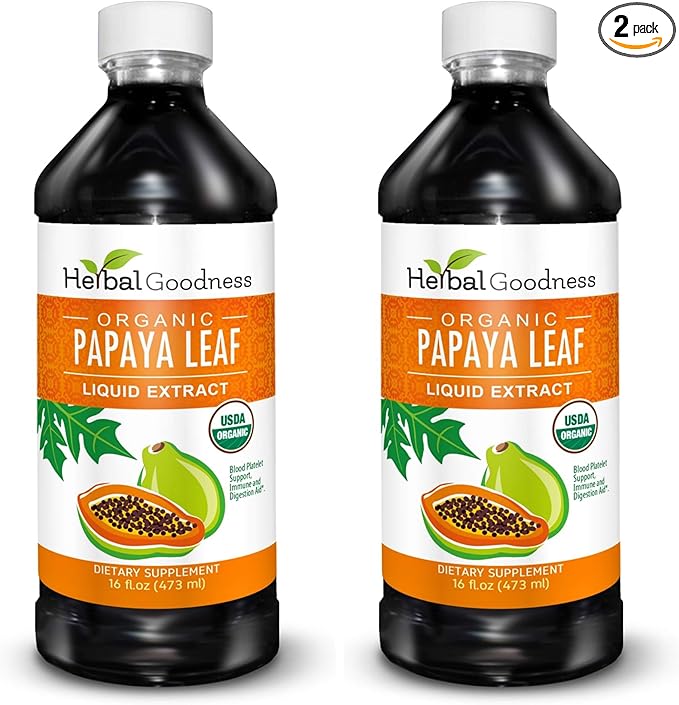 Herbal Goodness Papaya Leaf Extract Platelet Support - 15X Blood Platelet Boost Bone Marrow &amp Spleen Support Immune &amp Gut Health Digestive Enzyme - Organic Kosher 16 oz Liquid Extract (Pack