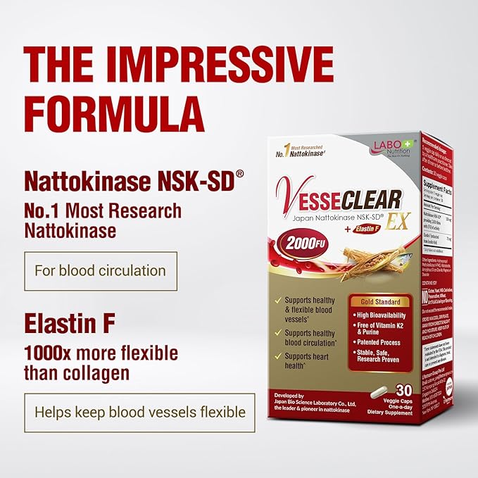 LABO Nutrition VesseCLEAR EX: Nattokinase NSK-SD+Elastin F for Clean &amp Flexible Blood Vessel. Japan's Most Research Proven Functional Dose Acid-Resistant/Delayed Release Capsules