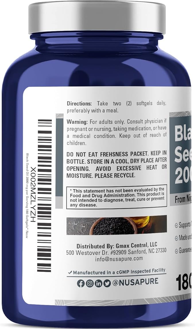 NusaPure Black Seed Oil 2000mg per Serving - 180 Softgel Caps (Non-GMO Gluten-Free) Cold-Pressed Nigella Sativa