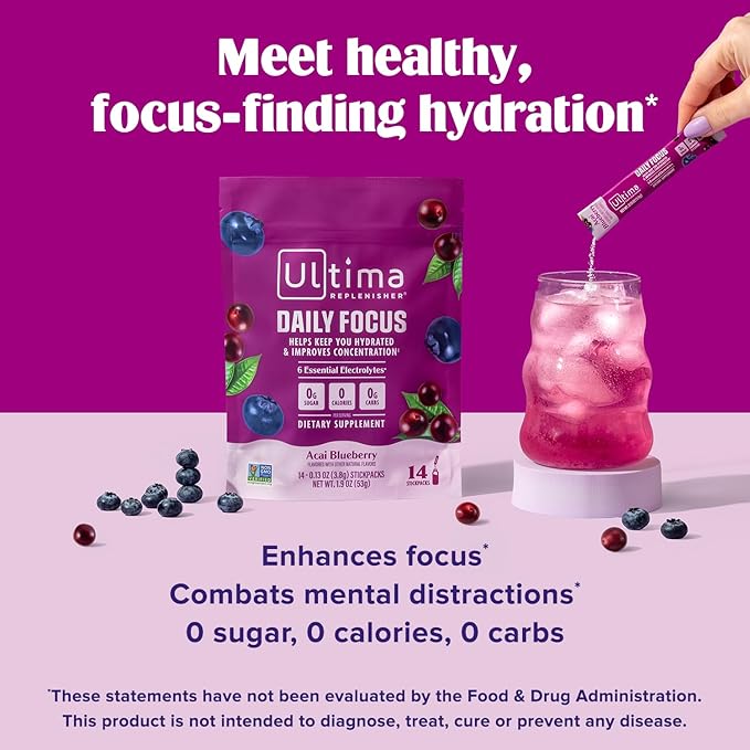 Ultima Replenisher Daily Focus Supplement &amp Electrolytes Powder - Acai Blueberry 14 Stickpacks - Hydration Packets 60mg Caffeine from Green Tea Extract &amp L-Theanine to Improve Focus &amp Co