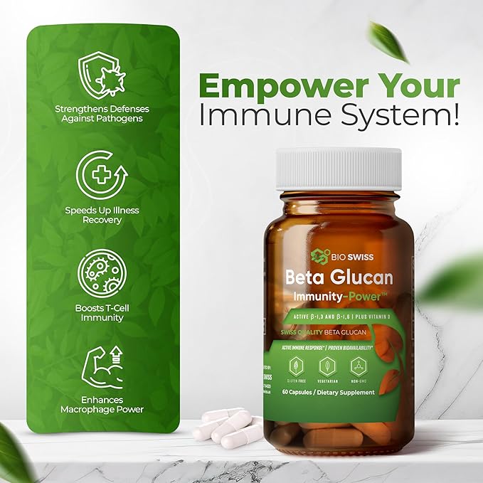 Bio Swiss Beta Glucan Immunity Power - 13D-16D Glucan with Vitamin D - Immune Support Supplement for Enhanced Defense and Wellness - Vegan Gluten-Free (60 Capsules)