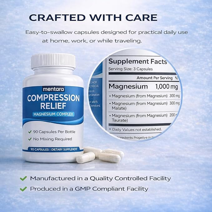 Mentara Compression Relief Magnesium Complex 1000mg – Glycinate Malate Taurate Blend for Daily Mobility &amp Muscle Function Support Non GMO Mineral Supplement for Active Lifestyle 90 Capsules (1)
