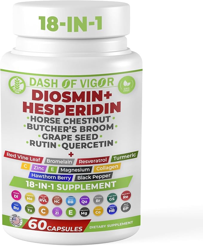 Dash of Vigor 18-in-1 Diosmin Hesperidin Supplement Quercetin with Bromelain Zinc Vitamin C with Rutin Supplement Horse Chestnut Extract Butcher's Broom Extract USA 60 Capsules