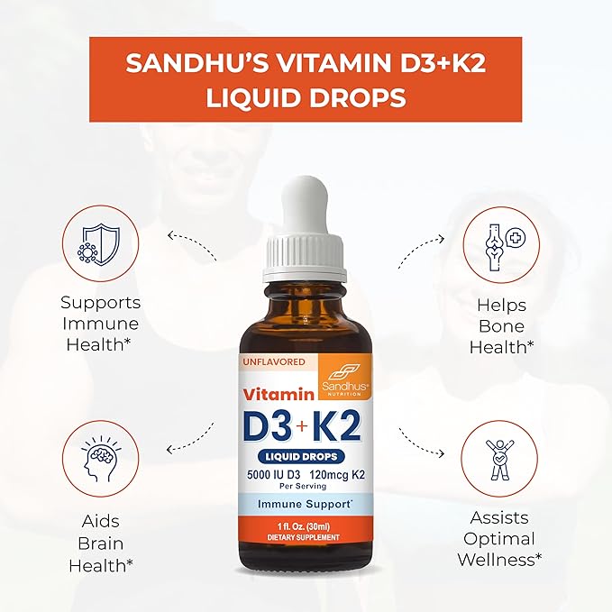 Sandhu's Vitamin D3 K2 Drops for Adults | 5000 IU D3 Liquid 120mcg K2 Supplement 1 Fl Oz (Pack of 2) | D3K2 Supports Superior Absorption Energy Immune Muscle Health for Men &amp Women