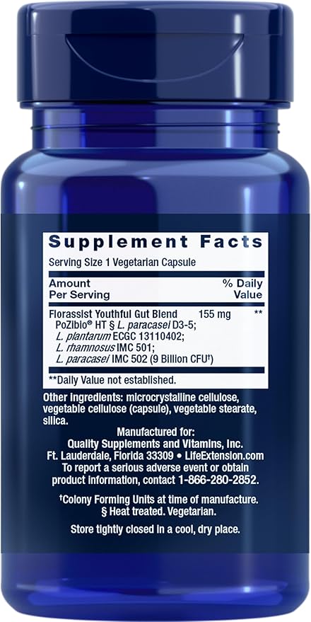 Life Extension FLORASSIST® Probiotic Youthful Gut Healthy Aging Supplement postbiotic and probiotic Blend Heart and Gut Health Non-GMO 1-Daily Gluten-Free Vegetarian 30 Capsules