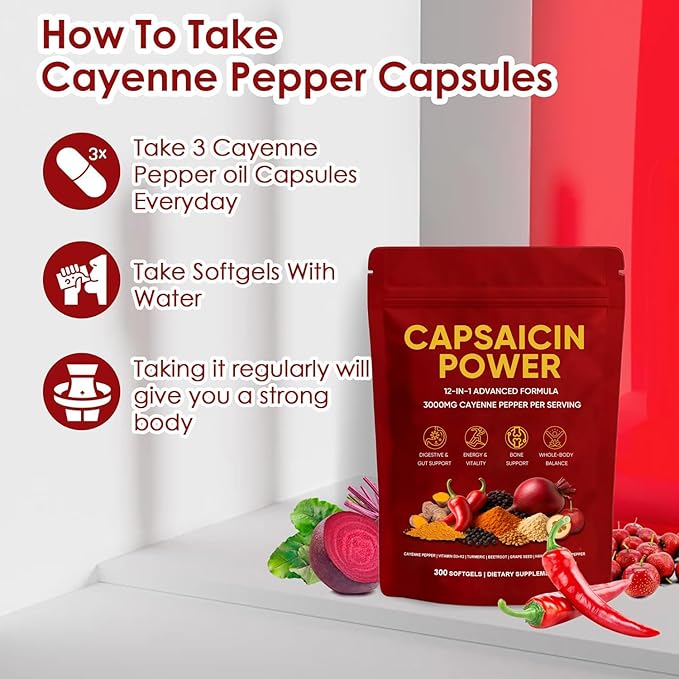 Capsaicin Power - Cayenne Pepper Softgels Supplement Supports Leg Vein Digestive &amp Gut Health with Vitamin D3+K2 Beetroot Grape Seed and Other Extracts 300 Capsules (1)
