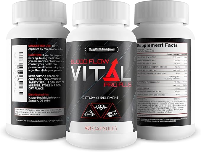 Blood Flow Vital Pro Plus - Improved Formula - Our Best Blood Flow Supplement for Men - Pressure Support - Mens Circulation Support - Natural Blood Flow Vasodilator Supplements for Men Blood Flow Care