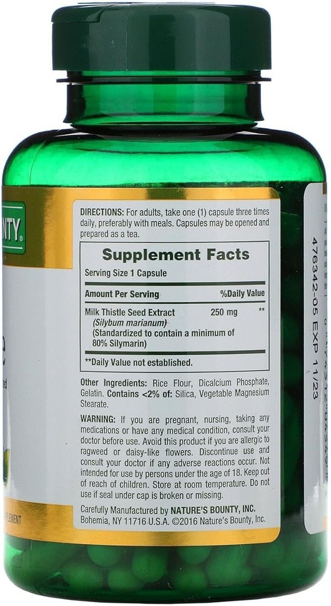 Nature's Bounty Milk Thistle 250 mg Capsules 200 ea (Pack of 3)