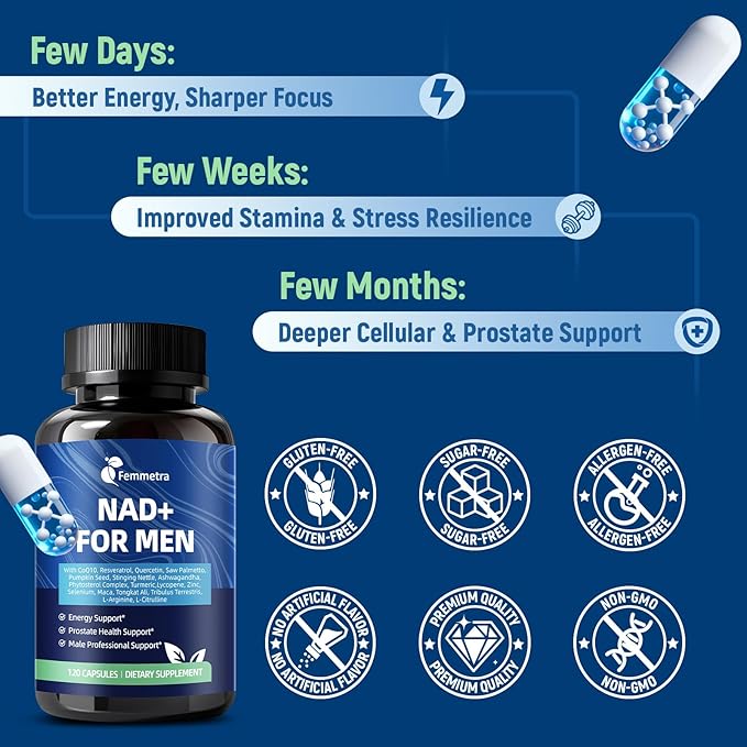 NAD Supplements for Men with 40+ | All-in-One Cellular Energy Prostate Support &amp Nitric Oxide Supplement with Saw Palmetto Resveratrol | Non-GMO 2 Bottles