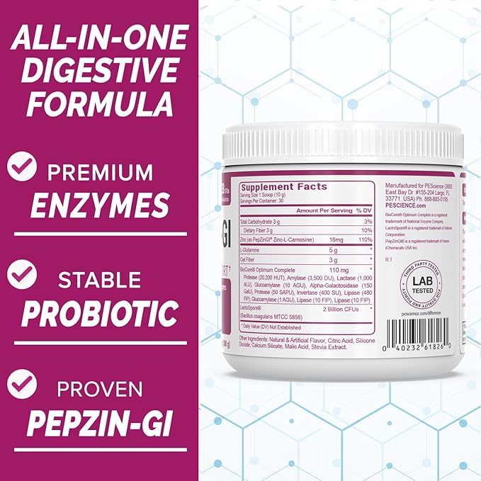 PEScience Complete-GI Gut Health Powder Probiotics for Women and Men Digestive Enzymes Prebiotic Fiber L-Glutamine Pepzin GI Zinc Carnosine - Unflavored 30 Servings