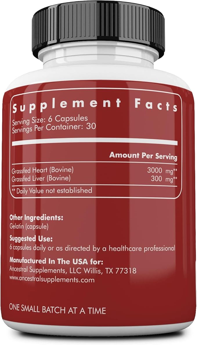 Ancestral Supplements Grass Fed Beef Heart Supplement 3300mg CoQ10 Supplement Supports Heart and Mitochondrial Health Non-GMO 180 Capsules