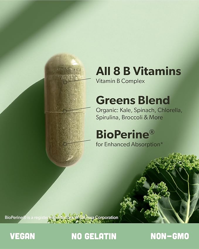 sapling Vegan Vitamin B Complex - Whole Food Blend with Essential B Vitamins B1 B2 B3 B5 B6 B7 Folate B12-60 Caps
