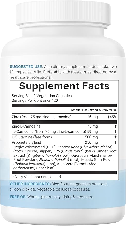 Zinc Carnosine 75mg 240 Veggie Capsules | 10-in-1 Zinc Supplements for Men &amp Women with Glutamine DGL Licorice Quercetin Slippery Elm Bark &amp Ginger Root | Non-GMO Gluten Free