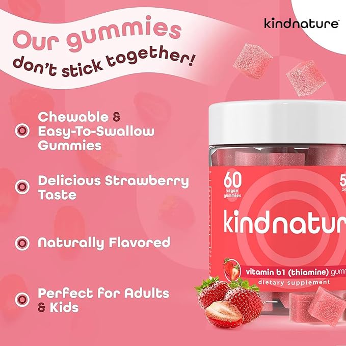 kindnature Vitamin B1 Gummies 500mg – High Potency Thiamine Supplement for Energy Focus &amp Nervous System – Vegan Non-GMO Chewable B1 Vitamins for Adults &amp Kids – Natural Strawberry Flavor –