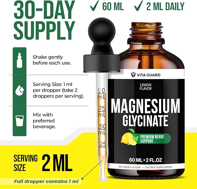 Magnesium Glycinate 500mg Liquid Drops | High-Absorption Liquid Magnesium for Relaxation Sleep Support &amp Muscle Wellness | Sugar-Free Vegan Non-GMO Magnesium Supplement