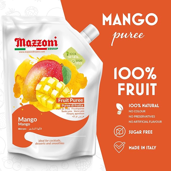 Mazzoni Mango Puree Juice 100% Pure Mango Lassi Just Fruit Nectar No Sugar Added 2.2 lbs (35.2 oz) Real Fruit Mixer for Cocktails Drinks Smoothies Convenient Pouch Made in Italy (Pack of 2)